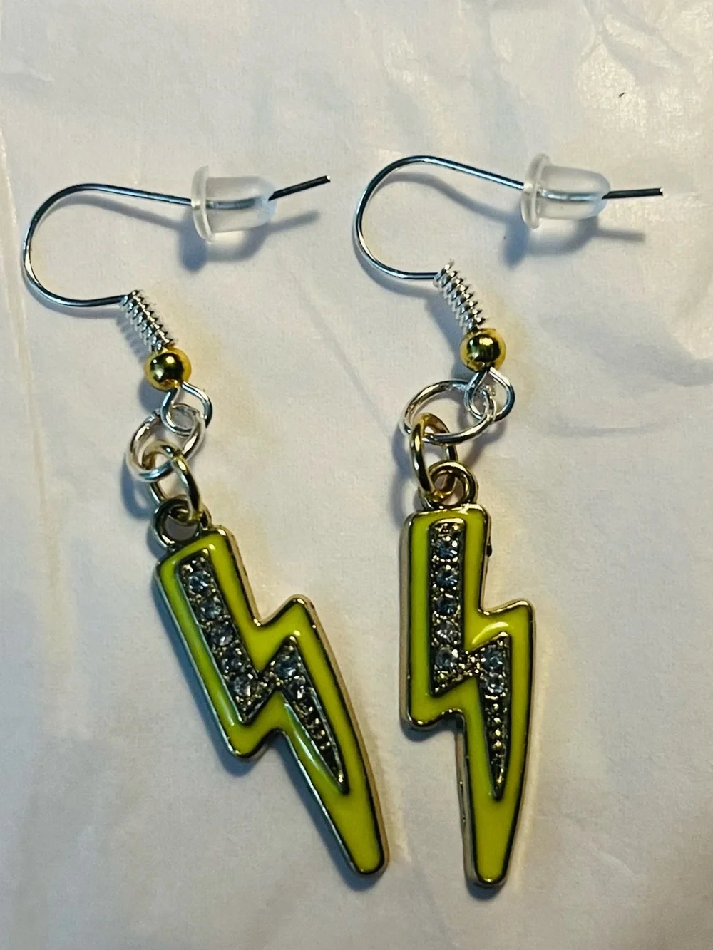 Yellow Lightning Bolt Drop Earrings with Crystal Accent